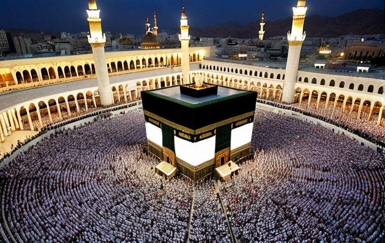**Prompt:** An awe-inspiring, high-angle view of millions of pilgrims, diverse in age and origin but unified in simple white Ihram, circling the illuminated Kaaba at the Grand Mosque in Mecca. The scene radiates profound spiritual energy, collective devotion, and a timeless sense of unity, with the sacred architecture beautifully lit against a twilight sky. Emphasize the palpable spiritual atmosphere and the sheer scale of humanity. *Cinematic, wide-angle, hyper-realistic, soft glow.*