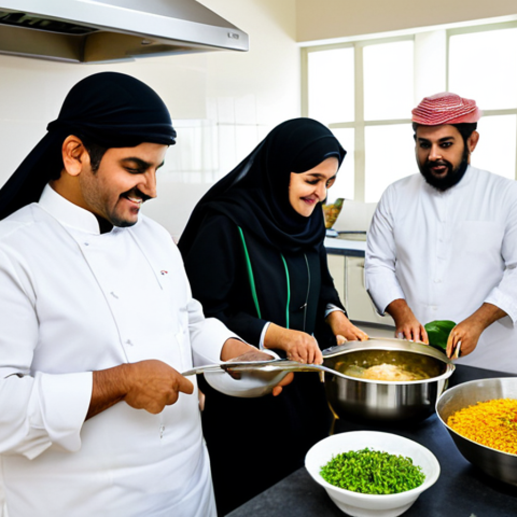 A professional culinary class in progress, featuring a diverse group of adult students and a local Saudi female instructor in traditional modest attire. They are actively engaged in preparing a traditional Saudi dish like Kabsa, with one student chopping vegetables, another stirring a large pot, and the instructor providing guidance. The setting is a clean, well-lit modern kitchen with stainless steel appliances, ample counter space, various fresh ingredients, and traditional spices neatly organized. All individuals are fully clothed in appropriate attire, professional dress, and possess perfect anatomy, correct proportions, and natural poses with well-formed hands and proper finger count. The atmosphere is educational, collaborative, and joyful. High-resolution, professional photography, natural lighting, safe for work, appropriate content, modest clothing, family-friendly.