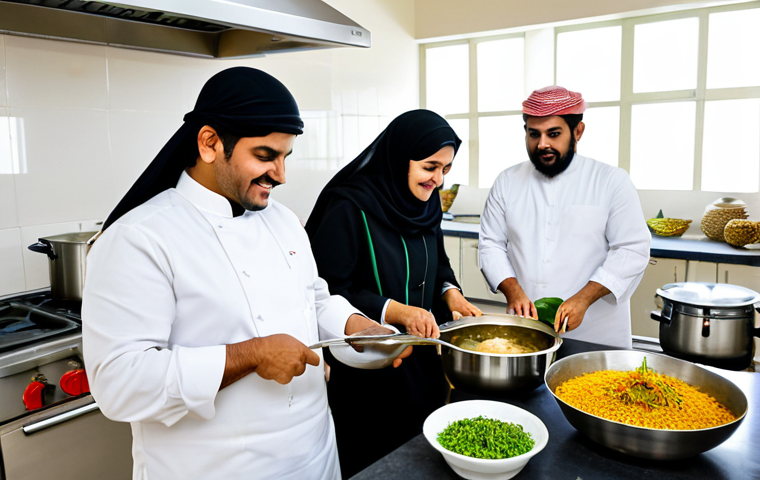 A professional culinary class in progress, featuring a diverse group of adult students and a local Saudi female instructor in traditional modest attire. They are actively engaged in preparing a traditional Saudi dish like Kabsa, with one student chopping vegetables, another stirring a large pot, and the instructor providing guidance. The setting is a clean, well-lit modern kitchen with stainless steel appliances, ample counter space, various fresh ingredients, and traditional spices neatly organized. All individuals are fully clothed in appropriate attire, professional dress, and possess perfect anatomy, correct proportions, and natural poses with well-formed hands and proper finger count. The atmosphere is educational, collaborative, and joyful. High-resolution, professional photography, natural lighting, safe for work, appropriate content, modest clothing, family-friendly.