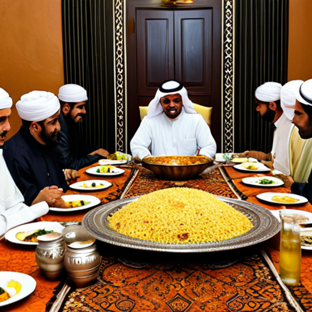 An authentic Saudi Arabian communal dining scene, featuring a large, ornate platter of richly garnished Kabsa or Mandi as the centerpiece. A diverse group of people, fully clothed in traditional modest Saudi attire, are seated around the platter, gently sharing the meal. The setting is a warmly lit, inviting traditional dining room with intricate decor and soft cushions. The atmosphere is filled with warmth and hospitality. Professional photography, high resolution, vibrant colors, authentic cultural details, perfect anatomy, correct proportions, natural pose, well-formed hands, proper finger count, natural body proportions, safe for work, appropriate content, family-friendly.
