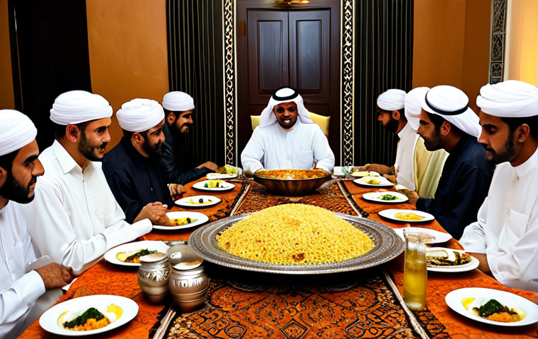 An authentic Saudi Arabian communal dining scene, featuring a large, ornate platter of richly garnished Kabsa or Mandi as the centerpiece. A diverse group of people, fully clothed in traditional modest Saudi attire, are seated around the platter, gently sharing the meal. The setting is a warmly lit, inviting traditional dining room with intricate decor and soft cushions. The atmosphere is filled with warmth and hospitality. Professional photography, high resolution, vibrant colors, authentic cultural details, perfect anatomy, correct proportions, natural pose, well-formed hands, proper finger count, natural body proportions, safe for work, appropriate content, family-friendly.