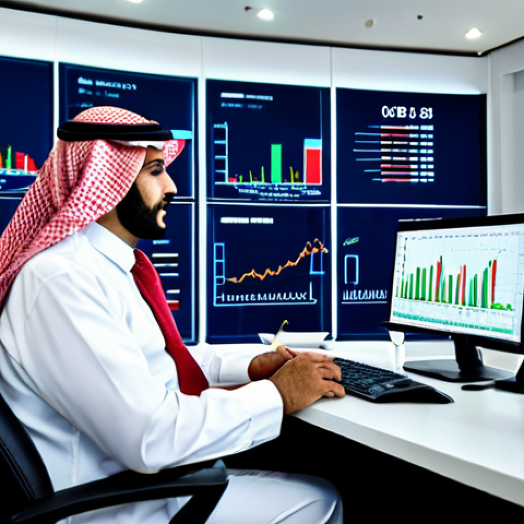 A professional adult financial analyst in a modest business suit, seated at a modern desk in a sophisticated office in Saudi Arabia. Large digital screens display financial charts and prominent SAR/USD exchange rates, symbolizing stability. The background features a contemporary city skyline with modern Saudi architecture. The scene is brightly lit with professional studio lighting. Fully clothed, modest clothing, appropriate attire, professional dress, safe for work, appropriate content, perfect anatomy, correct proportions, natural pose, well-formed hands, proper finger count, natural body proportions, professional photography, high resolution.