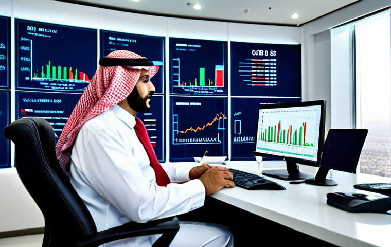 A professional adult financial analyst in a modest business suit, seated at a modern desk in a sophisticated office in Saudi Arabia. Large digital screens display financial charts and prominent SAR/USD exchange rates, symbolizing stability. The background features a contemporary city skyline with modern Saudi architecture. The scene is brightly lit with professional studio lighting. Fully clothed, modest clothing, appropriate attire, professional dress, safe for work, appropriate content, perfect anatomy, correct proportions, natural pose, well-formed hands, proper finger count, natural body proportions, professional photography, high resolution.