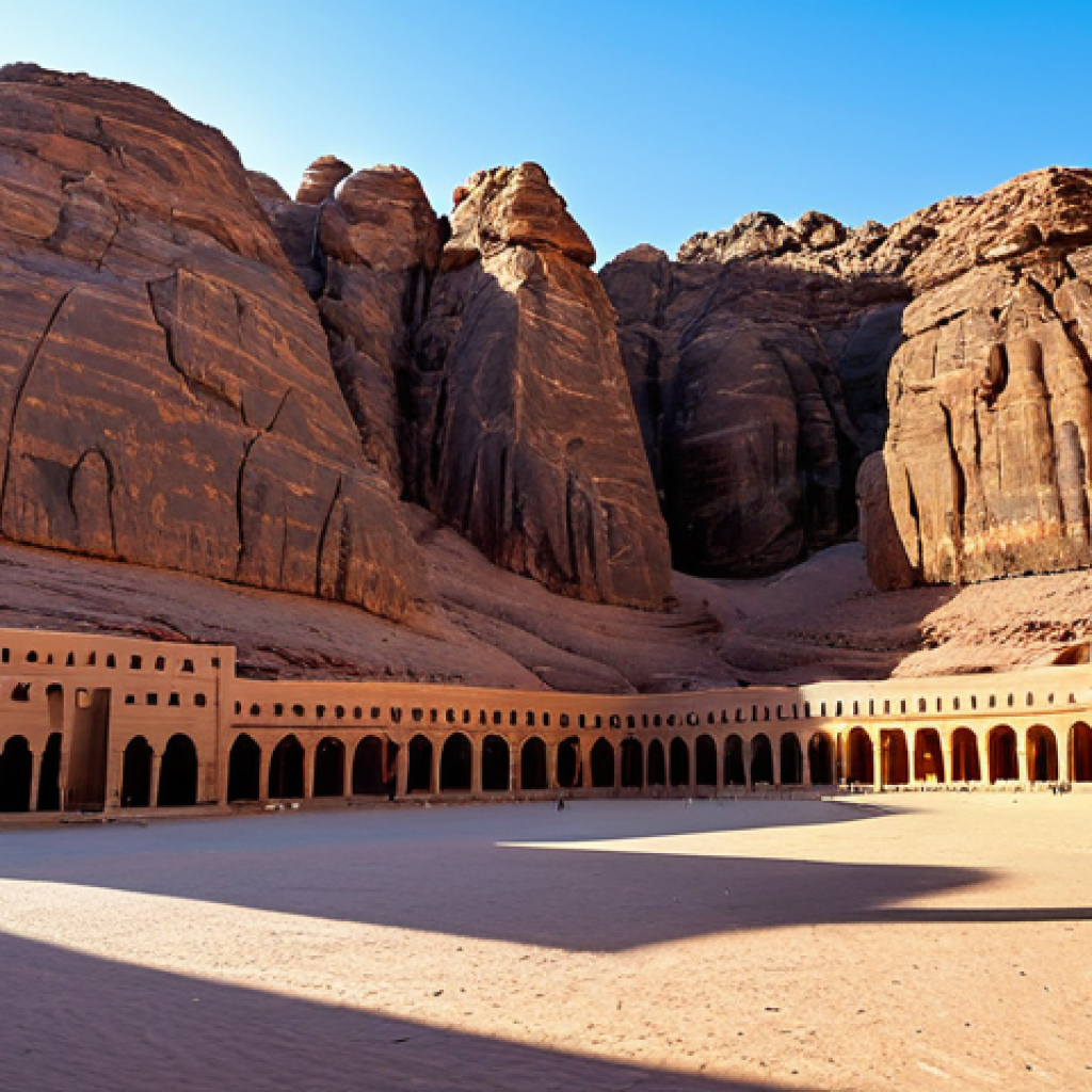 **

"A panoramic view of Al-Ula, Saudi Arabia in winter. Ancient tombs carved into stunning rock formations under a clear blue sky. Tourists in modest clothing explore the area. Warm lighting. Perfect anatomy, correct proportions, natural pose, well-formed hands, proper finger count, natural body proportions, professional photography, high quality, safe for work, appropriate content, fully clothed, modest, family-friendly."

**