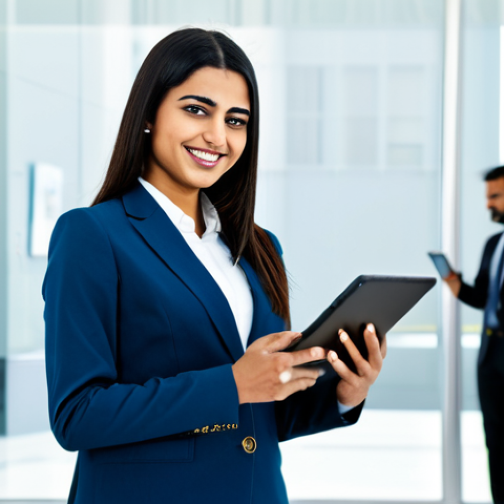 사우디아라비아의 여성 권리 변화 - "A professional Saudi woman in a modern business suit, standing confidently in a bright, contemporar...