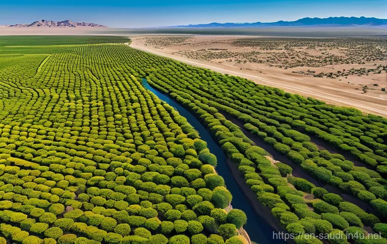 사우디아라비아의 환경 보호 정책과 대책 - **Prompt:** A breathtaking aerial view of a vast desert landscape gradually transforming into a vibr...