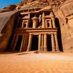 사우디아라비아 여행 준비  비자 항공편 숙소 정보 - **Prompt:** A female traveler, respectfully dressed in a flowing, modest long dress and a wide-brimm...