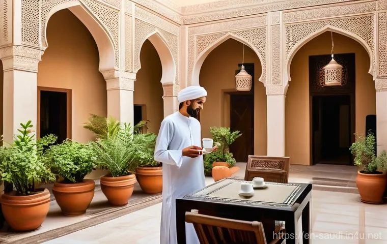 사우디아라비아 여행 준비  비자 항공편 숙소 정보 - **Prompt:** A female traveler, respectfully dressed in a flowing, modest long dress and a wide-brimm...