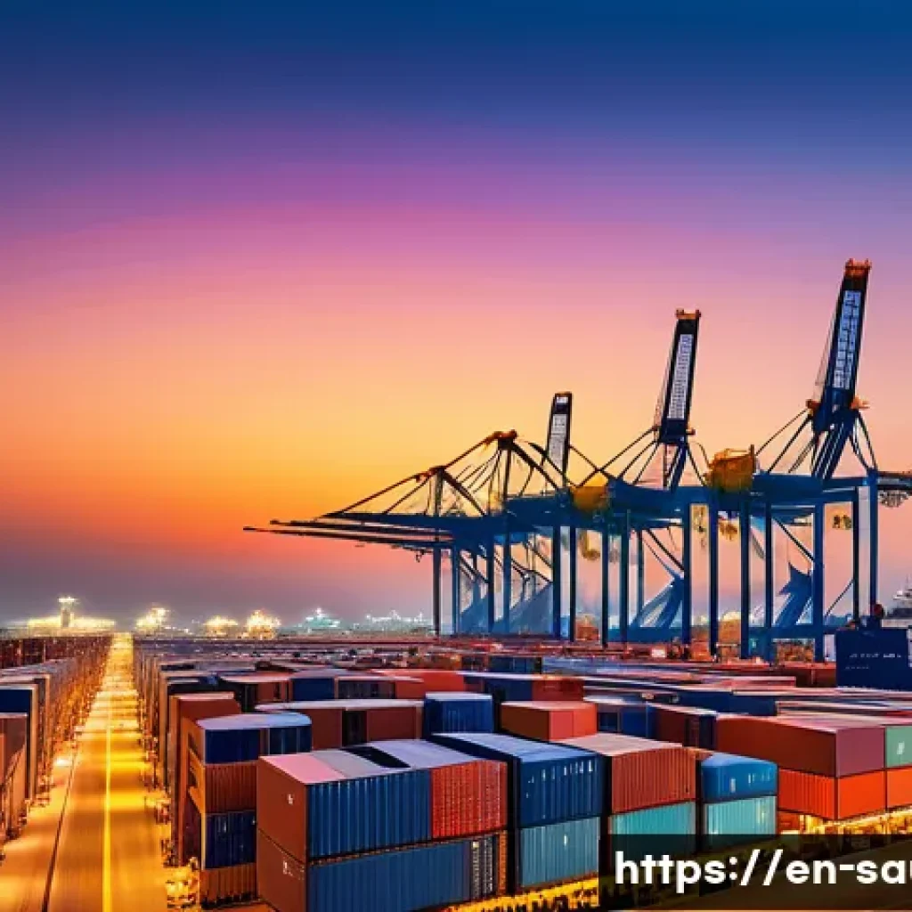 사우디아라비아의 교역 파트너 국가 - A futuristic Saudi Arabian port scene at sunset, showcasing massive modern container ships docked al...