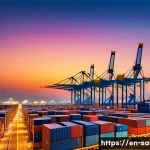 사우디아라비아의 교역 파트너 국가 - A futuristic Saudi Arabian port scene at sunset, showcasing massive modern container ships docked al...