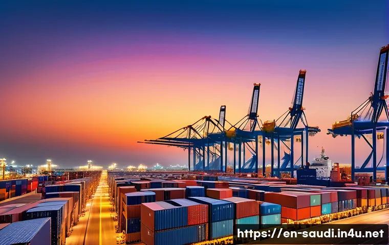 사우디아라비아의 교역 파트너 국가 - A futuristic Saudi Arabian port scene at sunset, showcasing massive modern container ships docked al...