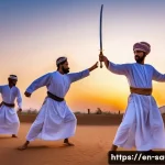 Home 18 사우디아라비아 전통춤 아르다 사우디 검춤 - A vibrant traditional Saudi Arabian sword dance performed outdoors at dusk in a desert courtyard, me...