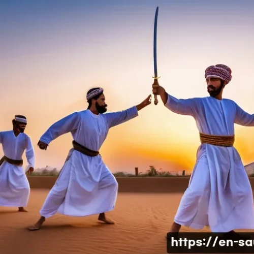 Home 30 사우디아라비아 전통춤 아르다 사우디 검춤 - A vibrant traditional Saudi Arabian sword dance performed outdoors at dusk in a desert courtyard, me...