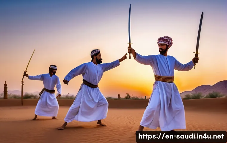 사우디아라비아 전통춤  아르다 사우디 검춤 - A vibrant traditional Saudi Arabian sword dance performed outdoors at dusk in a desert courtyard, me...
