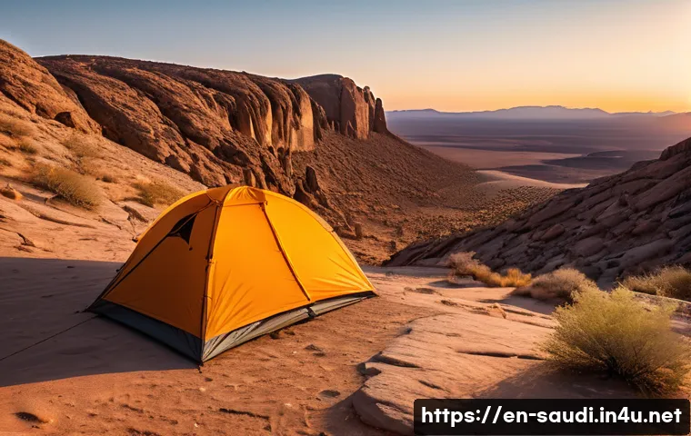 사막 캠핑을 위한 필수 준비물 - A desert camping scene at sunset featuring a lightweight, UV-resistant tent pitched on elevated rock...