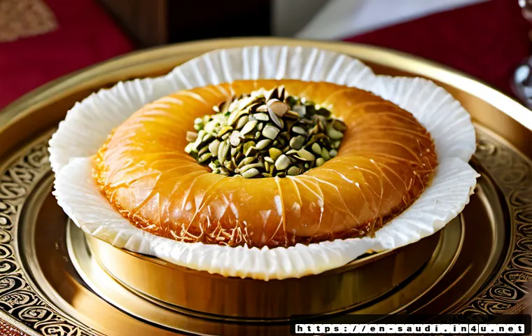 사우디아라비아에서 인기 있는 디저트 - Photorealistic close-up of a freshly baked golden kunafa dessert in a traditional brass serving tray...