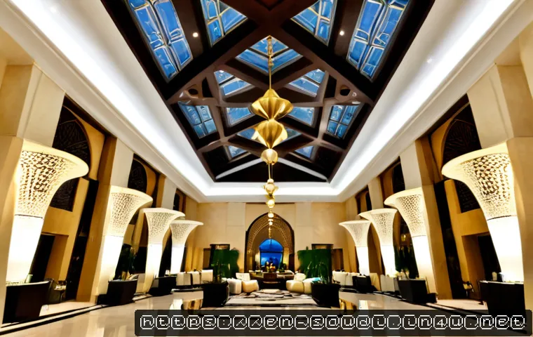 Home 16 사우디아라비아 주요 호텔과 숙박시설 리뷰 - Photorealistic wide-angle interior of an elegant Riyadh luxury hotel lobby, soaring contemporary Ara...