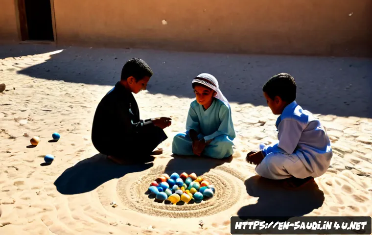Home 16 사우디아라비아의 전통 놀이와 어린이 문화 - Photorealistic scene of Saudi children in modest traditional clothing playing marbles on a sandy cou...
