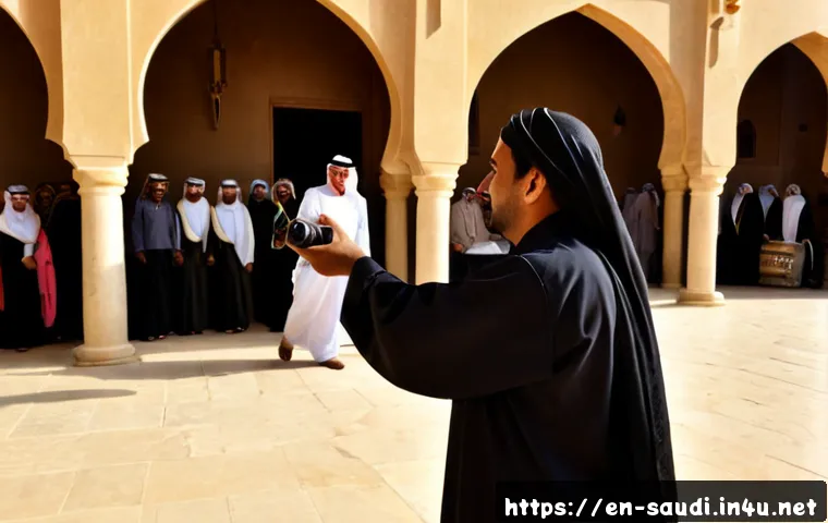 Home 17 사우디아라비아에서의 사진 촬영 주의사항 - Photorealistic travel photography scene in a sunlit Saudi Arabian heritage market, a respectfully dr...